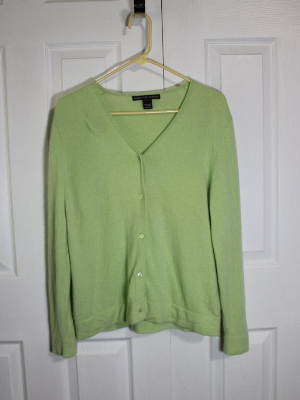 Saks Fifth Avenue 100% Cashmere Lime Green Button Front Sweater